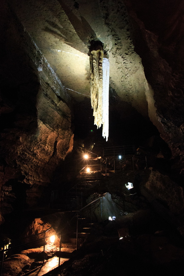 Ireland-0550-Here you can see the dead stalactite. The darker one is older and eventually the water supply was cut off and the new lighter colored one formed completely independent of the old one..jpg